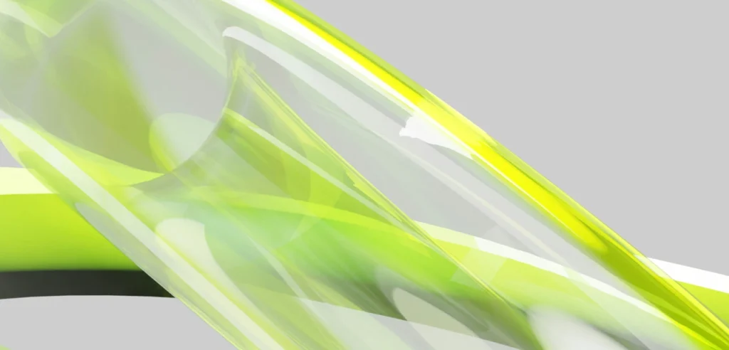 Abstract digital image with translucent neon green curves and reflections on a neutral background, symbolising agility, innovation, and proactive ai governance.