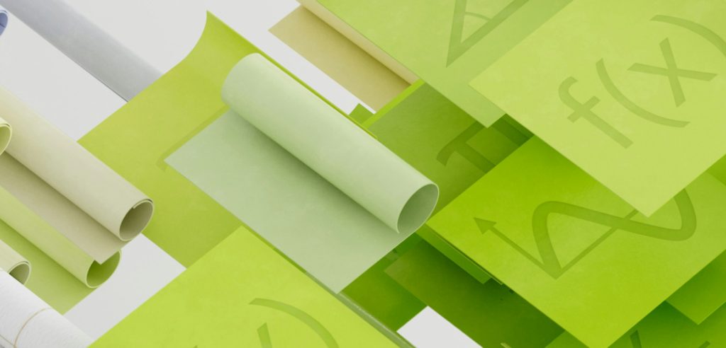 Abstract image of layered green sheets with mathematical symbols, representing algorithmic logic, ai transparency, and explainability.