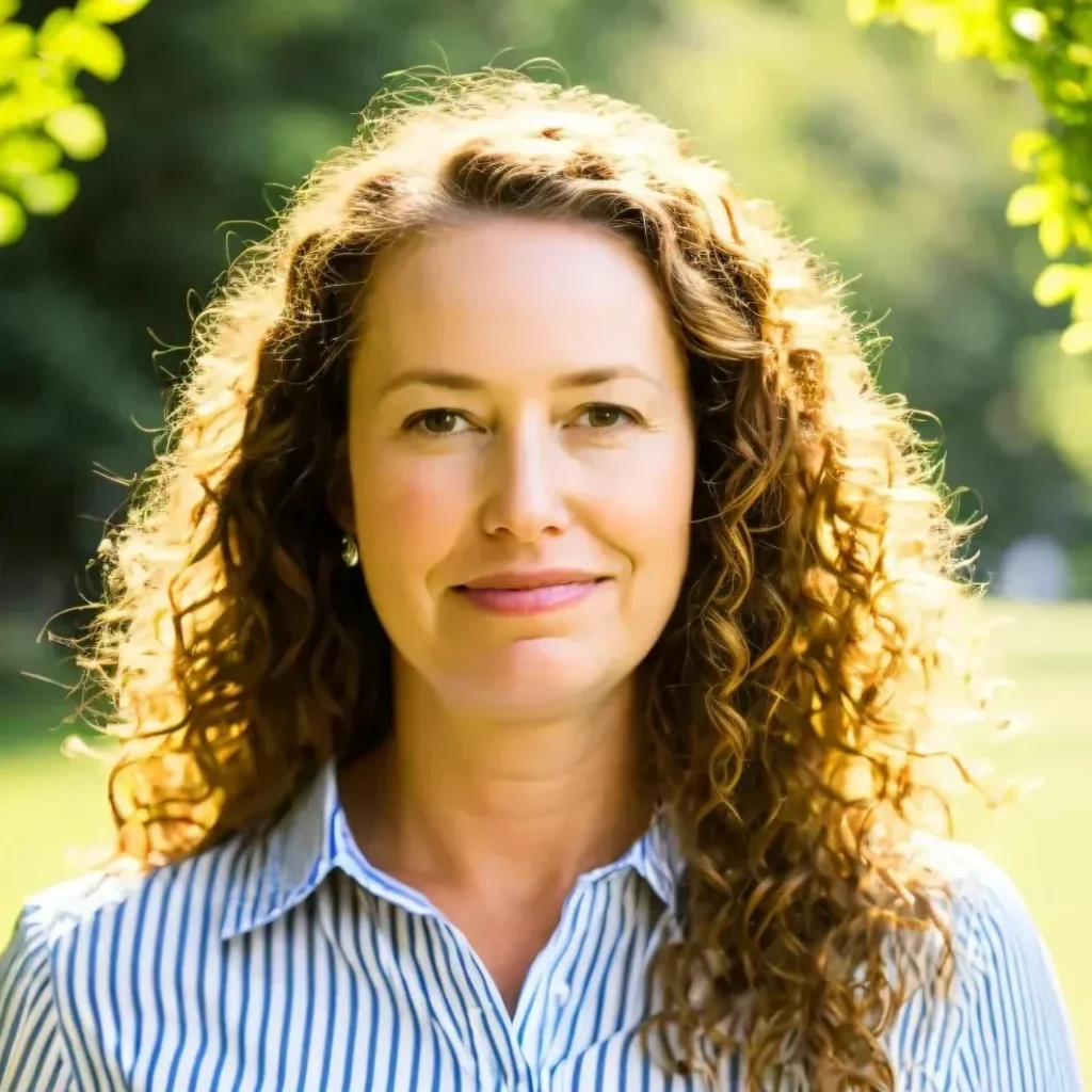 Professional portrait of a woman with curly hair in a striped shirt, standing outdoors in natural light, used to represent a data protection expert at wdps.