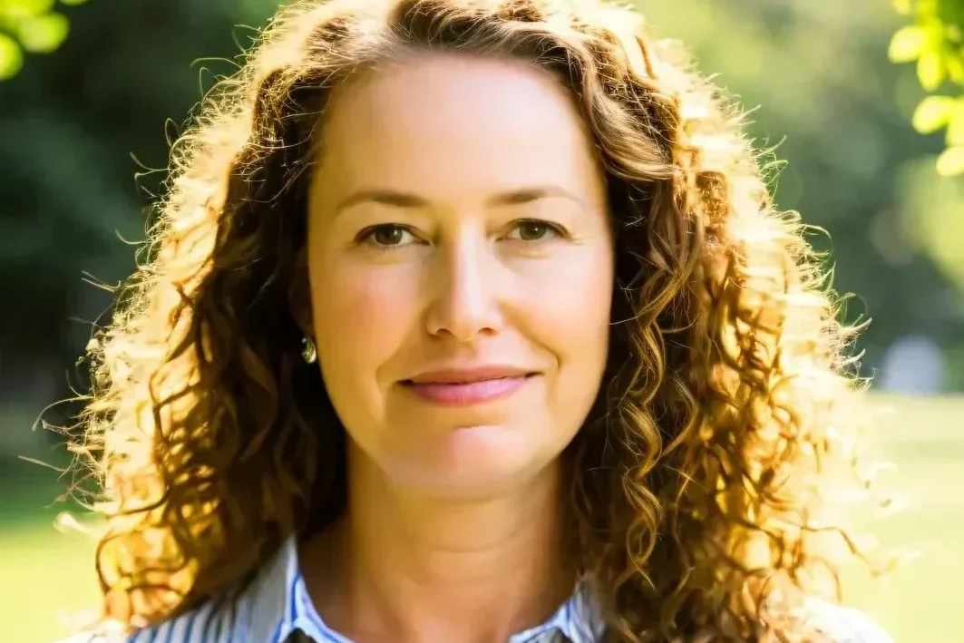 Professional portrait of a woman with curly hair in a striped shirt, standing outdoors in natural light, used to represent a data protection expert at wdps.